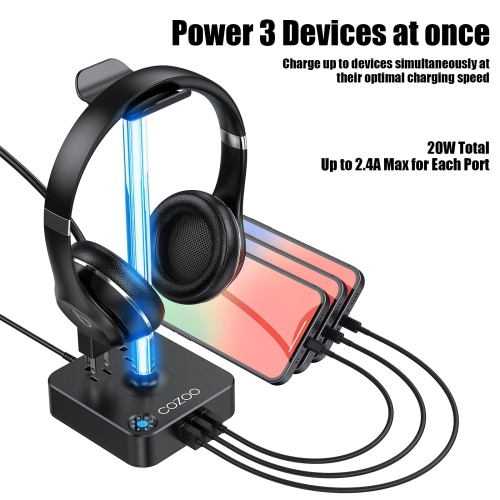 RGB Headphone Stand with USB Charger Desktop Gaming Headset Holder Hanger with 3 USB Charger and 2 Outlets for DJ, Wireless E