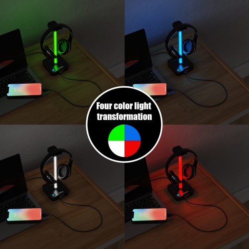 RGB Headphone Stand with USB Charger Desktop Gaming Headset Holder Hanger with 3 USB Charger and 2 Outlets for DJ, Wireless E