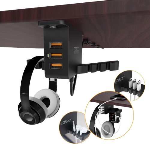 Headphone Stand with USB Charger Under Desk Headset Holder Mount with 3 Port USB Charging Station and Smart Watch Charging Do