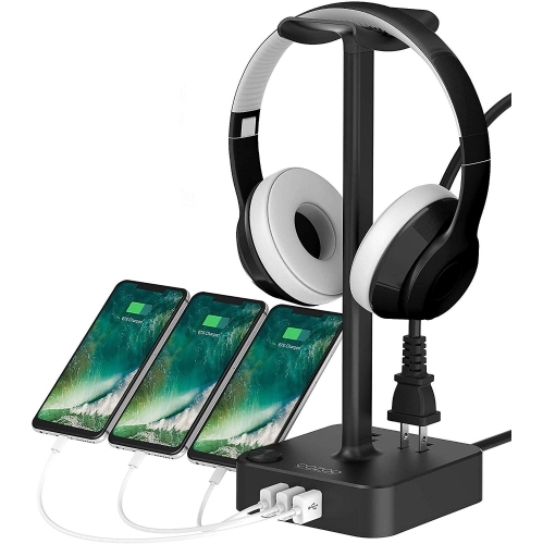 Headphone Stand with USB Charger Desktop Gaming Headset Holder Hanger with 3 USB Charging Station and 2 Outlets Power Strip