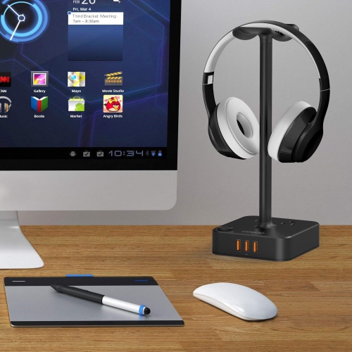 Headphone Stand with USB Charger Desktop Gaming Headset Holder Hanger with 3 USB Charging Station and 2 Outlets Power Strip