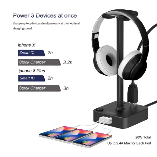 Headphone Stand with USB Charger Desktop Gaming Headset Holder Hanger with 3 USB Charging Station and 2 Outlets Power Strip