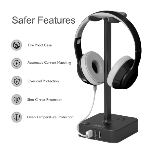Headphone Stand with USB Charger Desktop Gaming Headset Holder Hanger with 3 USB Charging Station and 2 Outlets Power Strip