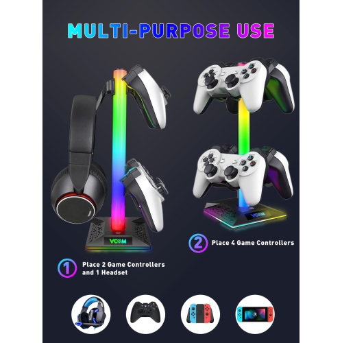 V RGB Gaming Headphones Stand with 2 USB Ports? Headset Stand with 10 Light Modes and Non-Slip Rubber, Suitable for All Earph