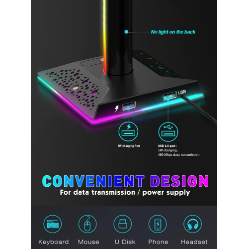 V RGB Gaming Headphones Stand with 2 USB Ports? Headset Stand with 10 Light Modes and Non-Slip Rubber, Suitable for All Earph