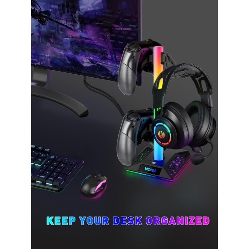 V RGB Gaming Headphones Stand with 2 USB Ports? Headset Stand with 10 Light Modes and Non-Slip Rubber, Suitable for All Earph