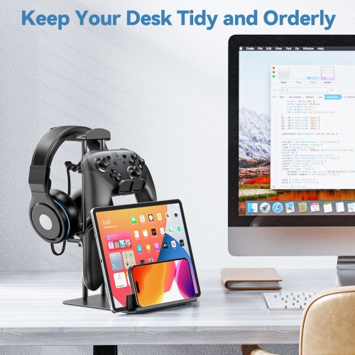 Headphone Stand, Game Controller Holder & Headset Holder for Desk, Earphone Stand with Aluminum Supporting Bar, Universal Sto