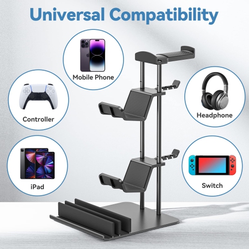 Headphone Stand, Game Controller Holder & Headset Holder for Desk, Earphone Stand with Aluminum Supporting Bar, Universal Sto