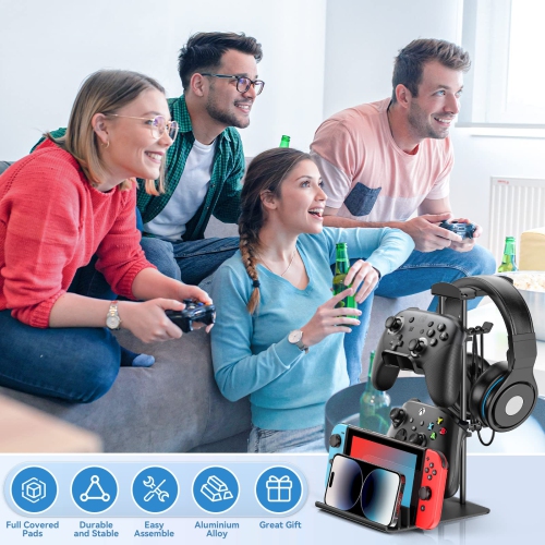 Headphone Stand, Game Controller Holder & Headset Holder for Desk, Earphone Stand with Aluminum Supporting Bar, Universal Sto