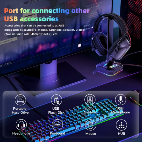 Headphone Stand RGB Lights Gaming Headset Holder with 3 USB Port for Charging or Connecting Headset Keyboard and Mouse,9 Mode
