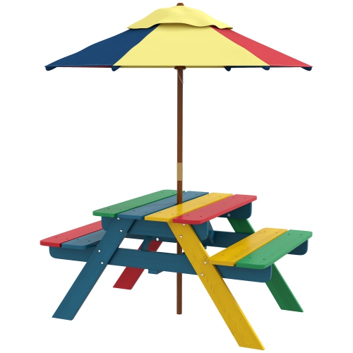 Outsunny Kids Picnic Table Bench Set with Removable Umbrella, Outdoor Wooden Kids Table and Chair Set for Backyard, Garden, 3-6 Years Boys and Girls,