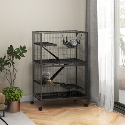 PawHut 50"H 5-Tier Chinchilla Ferret Guinea Pig Cat Cage, Metal Deluxe Animal Critter Nation Cage for Kitten Rabbit, Small Pet House w/ Hammock