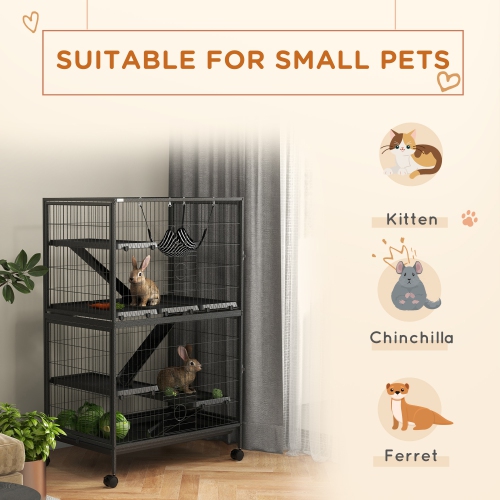 PawHut 50"H 5-Tier Chinchilla Ferret Guinea Pig Cat Cage, Metal Deluxe Animal Critter Nation Cage for Kitten Rabbit, Small Pet House w/ Hammock