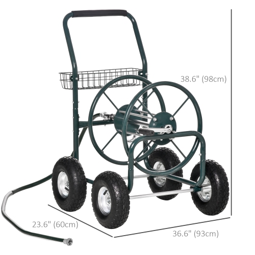 Outsunny Garden Hose Reel Cart, Portable Hose Organizer with Hose Guide System, Hold Up to 300 ft of 5/8" Hose, 4 Wide Wheels & Storage Basket for