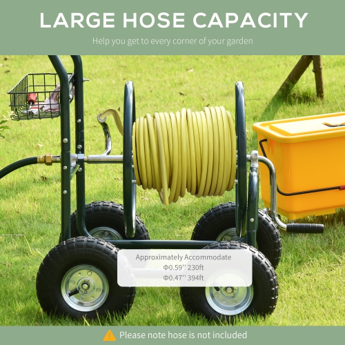 Outsunny Garden Hose Reel Cart, Portable Hose Organizer with Hose Guide System, Hold Up to 300 ft of 5/8" Hose, 4 Wide Wheels & Storage Basket for