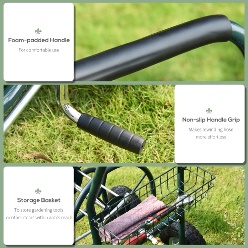 Outsunny Garden Hose Reel Cart, Portable Hose Organizer with Hose Guide System, Hold Up to 300 ft of 5/8" Hose, 4 Wide Wheels & Storage Basket for