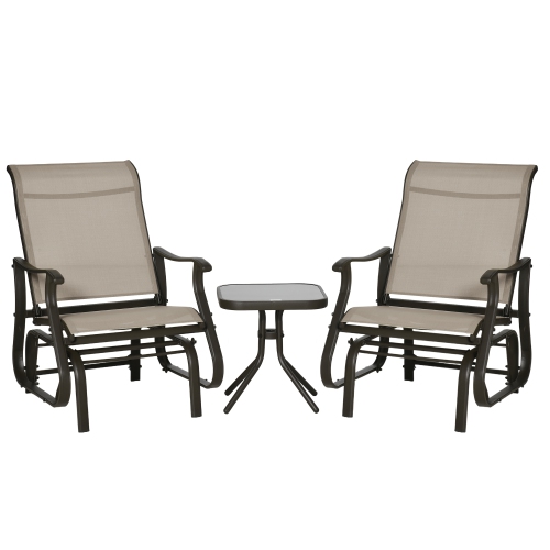 Outsunny 3PCs Glider Rocking Chairs with Table, Outdoor Gliders with Steel Frame, Mesh Seat, Tempered Glass Table Top for Patio, Garden, Backyard, De