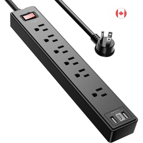 6Ft Power Bar Extension Cord - Yintar Power Strip Surge Protector with 6 AC Outlets and 3 USB Ports(1 USB C) | 6 Feet Extension Cord, 1680 Joules, ET