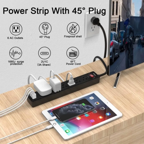 6Ft Power Bar Extension Cord - Yintar Power Strip Surge Protector with 6 AC Outlets and 3 USB Ports(1 USB C) | 6 Feet Extension Cord, 1680 Joules,