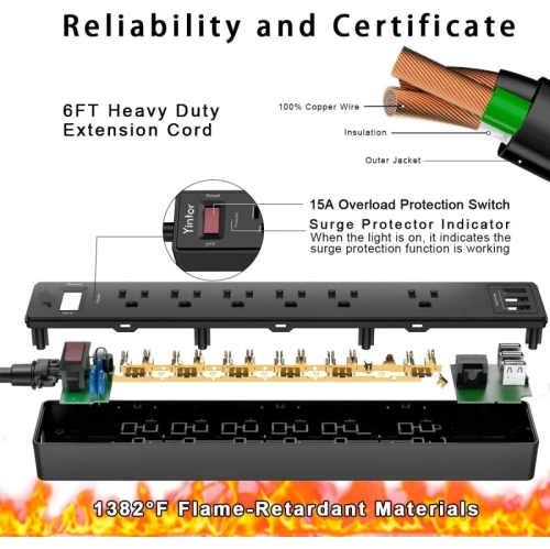 6Ft Power Bar Extension Cord - Yintar Power Strip Surge Protector with 6 AC Outlets and 3 USB Ports(1 USB C) | 6 Feet Extension Cord, 1680 Joules,