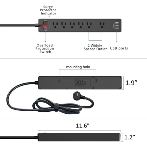 6Ft Power Bar Extension Cord - Yintar Power Strip Surge Protector with 6 AC Outlets and 3 USB Ports(1 USB C) | 6 Feet Extension Cord, 1680 Joules,