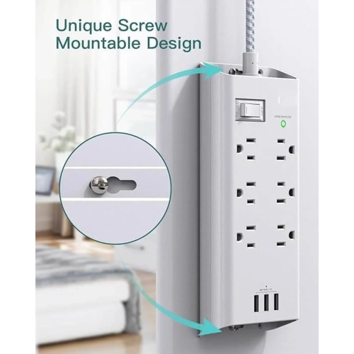 Power Strip Surge Protector | 10Ft Extension Cord | 6 Outlets | 3 USB Ports | Flat Plug | Overload Surge Protection | Wall Mount | Home, Office, and