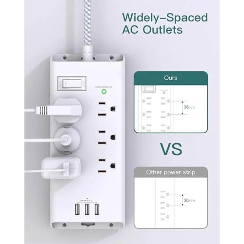 Power Strip Surge Protector | 10Ft Extension Cord | 6 Outlets | 3 USB Ports | Flat Plug | Overload Surge Protection | Wall Mount | Home, Office, and