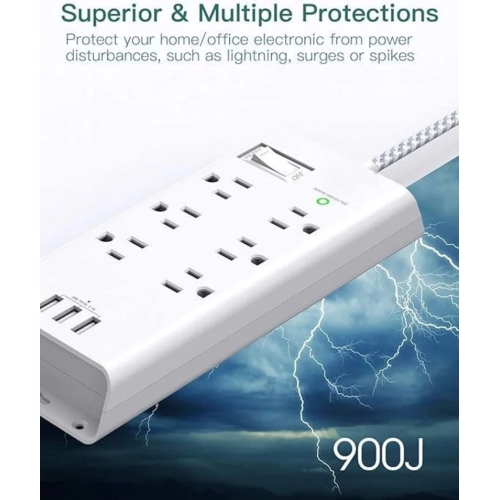 Power Strip Surge Protector | 10Ft Extension Cord | 6 Outlets | 3 USB Ports | Flat Plug | Overload Surge Protection | Wall Mount | Home, Office, and