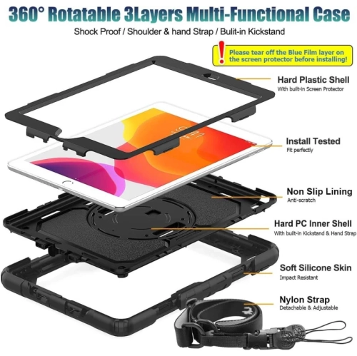 iPad 9th/8th/7th Generation Case - Three Layer Drop Protection with 360 Rotating Stand, Hand Strap & Pencil Holder for 10.2 Inch 2021/2020/2019 iPad