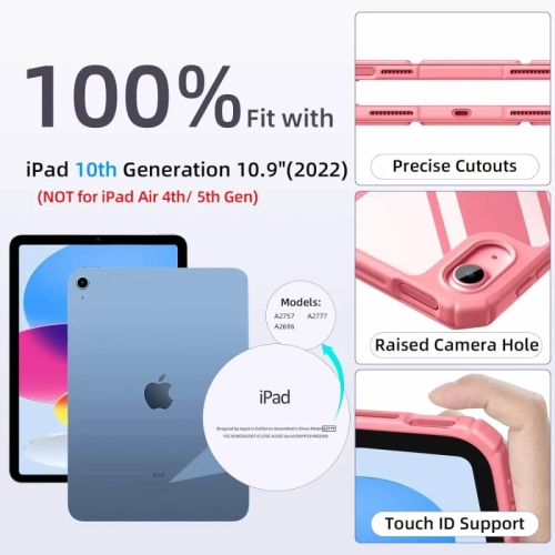 Étui iPad 10th génération avec porte-crayon - coque arrière transparente, veille/veille automatique, couvercle mince antichoc pour iPad 10th 2022