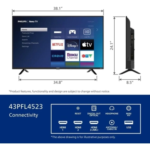Philips Roku TV 43" FHD 1080p 4000 Series LED-LCD Smart TV - Alexa Compatible