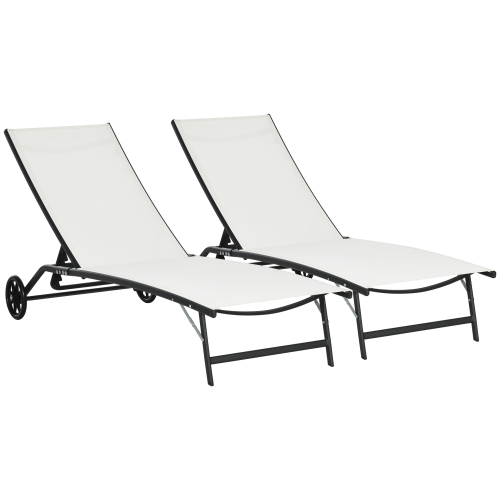 Outsunny Lounge Chair Set of 2 with Wheels, Outdoor Chaise Lounge with 5-Level Adjustable Backrest for Garden, Backyard, Patio, Deck, Poolside, White