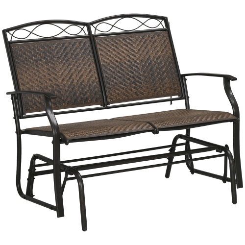 Outsunny PE Rattan Outdoor Glider Loveseat, Patio Gliding Chair for Deck with Armrest, Decoration Backrest, Steel Frame for Garden, Backyard, Poolsid