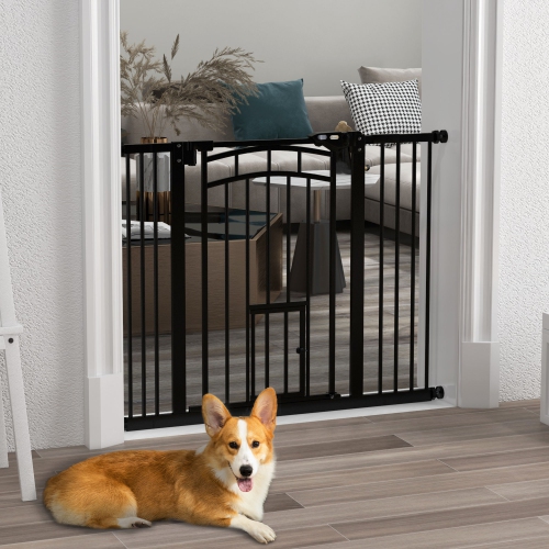 PawHut 29"-39.4" Wide Dog Gate, 30"H Tall Pet Gate with Cat Door, Auto-Close Pressure-Mounted Steel Safety Gate Barrier, Double Locking for Doorways