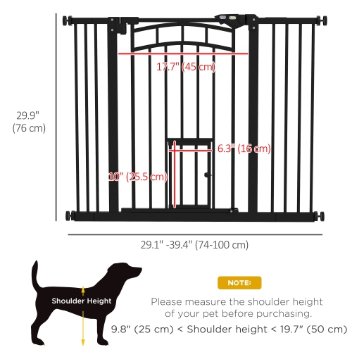 PawHut 29"-39.4" Wide Dog Gate, 30"H Tall Pet Gate with Cat Door, Auto-Close Pressure-Mounted Steel Safety Gate Barrier, Double Locking for Doorways
