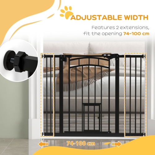 PawHut 29"-39.4" Wide Dog Gate, 30"H Tall Pet Gate with Cat Door, Auto-Close Pressure-Mounted Steel Safety Gate Barrier, Double Locking for Doorways