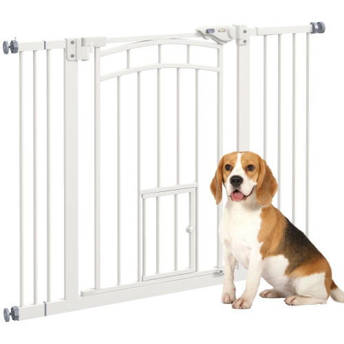 PAWHUT  " 30""h Tall Dog Gate, Pet Gate \w Cat Door, Auto-Close Pressure-Mounted Steel Safety Gate Barrier, Double Locking for Doorways Hallways