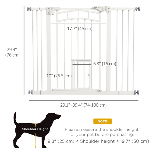 PawHut 29"-39.4" Wide Dog Gate, 30"H Tall Pet Gate with Cat Door, Auto-Close Pressure-Mounted Steel Safety Gate Barrier, Double Locking for Doorways