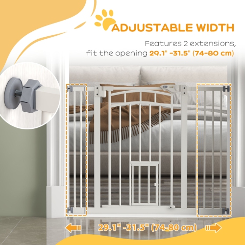PawHut 29"-39.4" Wide Dog Gate, 30"H Tall Pet Gate with Cat Door, Auto-Close Pressure-Mounted Steel Safety Gate Barrier, Double Locking for Doorways