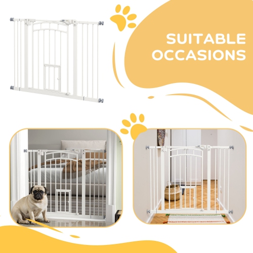 PawHut 29"-39.4" Wide Dog Gate, 30"H Tall Pet Gate with Cat Door, Auto-Close Pressure-Mounted Steel Safety Gate Barrier, Double Locking for Doorways