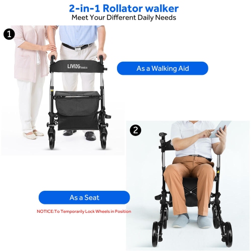 Foldable Walkers and Rollators with Seat and Storage Bag ,Aluminum Alloy Rollator Adjustable Handle for Adult Elderly with 300Lbs Support