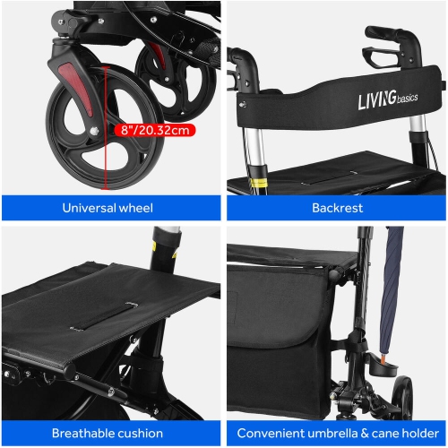 Foldable Walkers and Rollators with Seat and Storage Bag ,Aluminum Alloy Rollator Adjustable Handle for Adult Elderly with 300Lbs Support