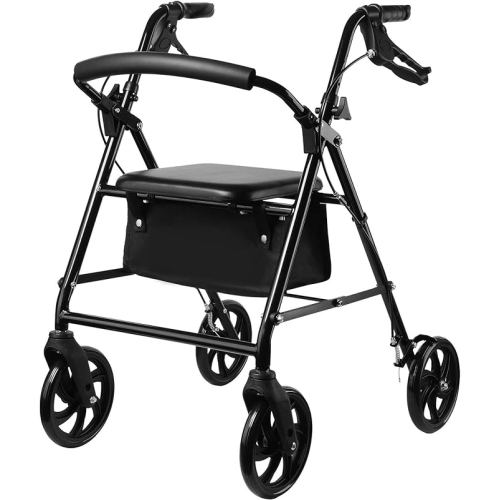 LIVINGBASICS  Folding 4-Wheel Walkers And Rollators With Seat And Under-Seat Storage Bag, Adjustable Handle Height And Supports Up to 300 Lbs