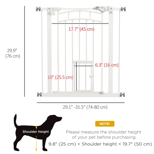 PawHut 29"-31.5" Wide Dog Gate, 30"H Tall Pet Gate with Cat Door, Auto-Close Pressure-Mounted Steel Safety Gate Barrier, Double Locking for Doorways