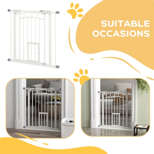 PawHut 29"-31.5" Wide Dog Gate, 30"H Tall Pet Gate with Cat Door, Auto-Close Pressure-Mounted Steel Safety Gate Barrier, Double Locking for Doorways