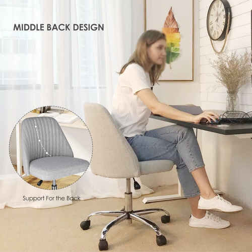 Home Office Modern Linen Fabric Armless Mid-Back Office Chair, Adjustable Swivel Task Chair Desk Chair Computer Chair with Wheels