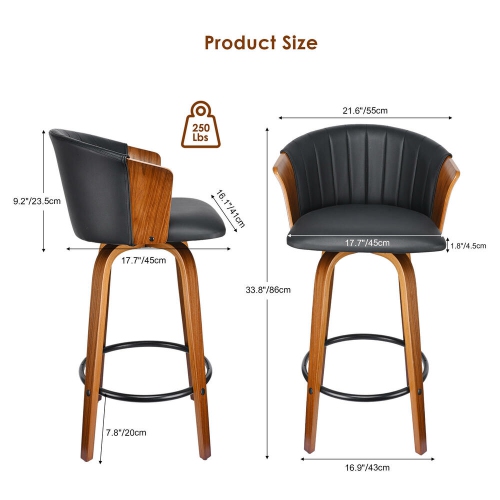 Set of 2 Bar Stools Height Wood Counter Stools with Mid-Backrest, Kitchen Barstools Pub Chair for Home Dining Island