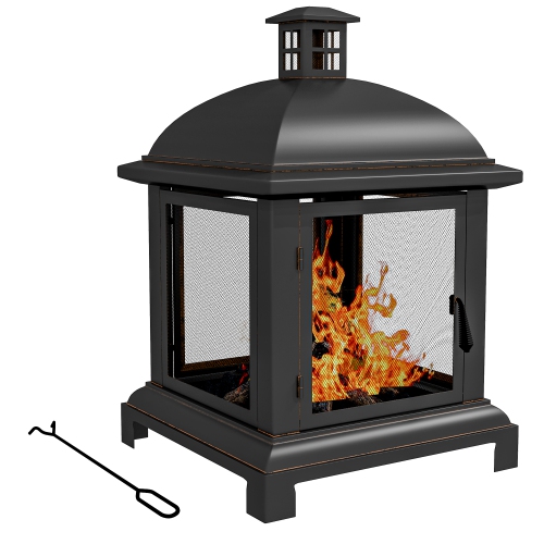 OUTSUNNY  26" Fire Pit With Chimney Style, Outdoor Wood Burning Firepit With Spark Guard And Poker, Steel In Black
