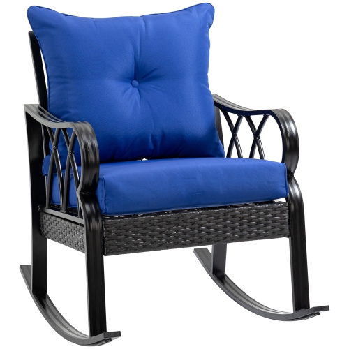 Image 1 de 9.. Chaise berçante d'extérieur en osier Outsunny avec coussins rembourrés, fauteuil berçant en rotin de Porch en aluminium avec accoudoir pour le