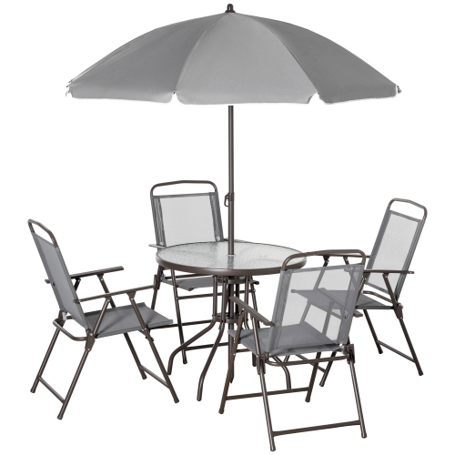 Ensemble patio de 6 pièces avec parasol, ensemble de meubles d'extérieur avec table ronde et 4 chaises pliantes pour jardin, pelouse, terrasse, gris